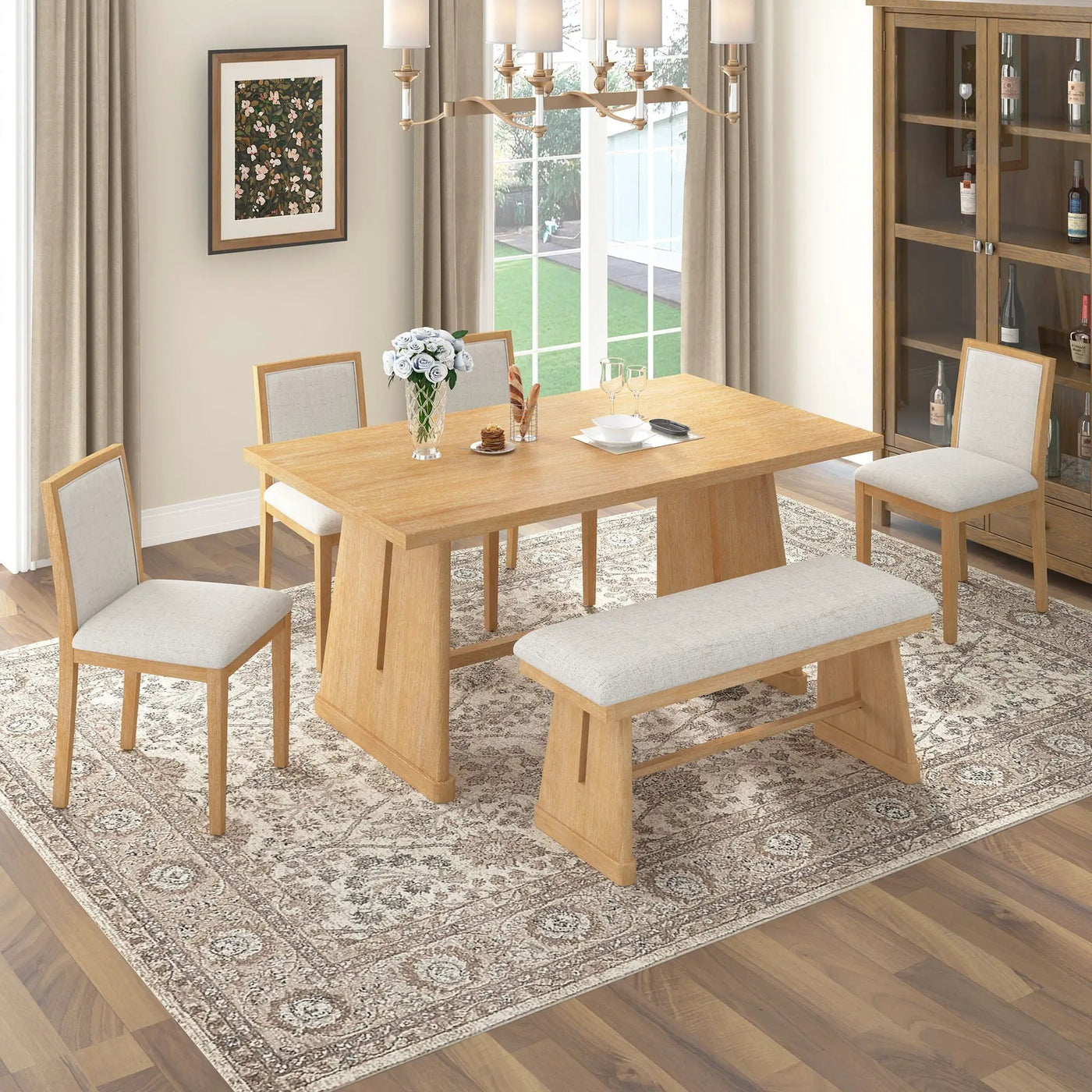 Dining Set With Rectangular Table, 4 Upholstered Chairs & 1 Padded Bench by HouseOfZazla