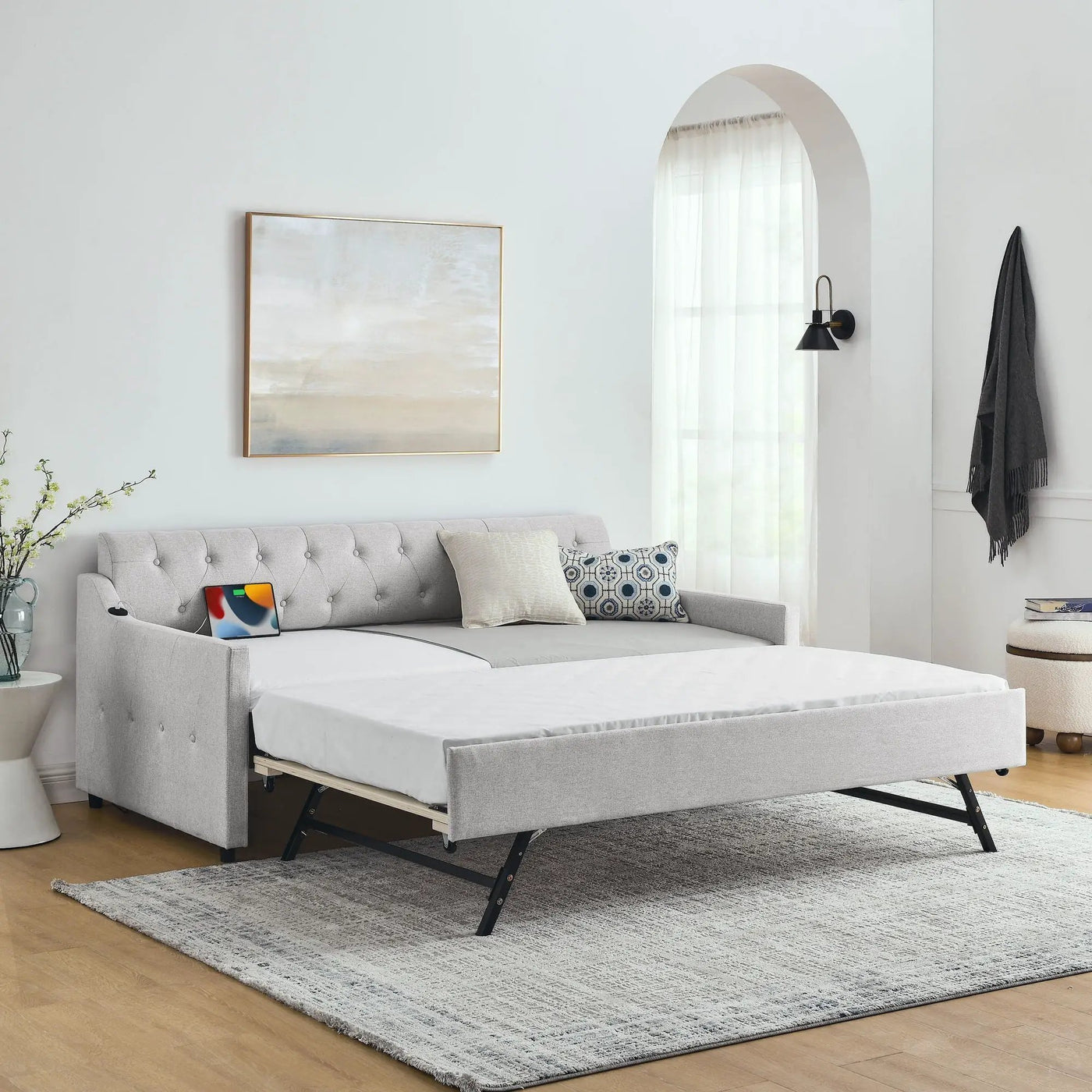 Size Upholstered Daybed With Trundle And USB Charging Armrest by HouseOfZazla