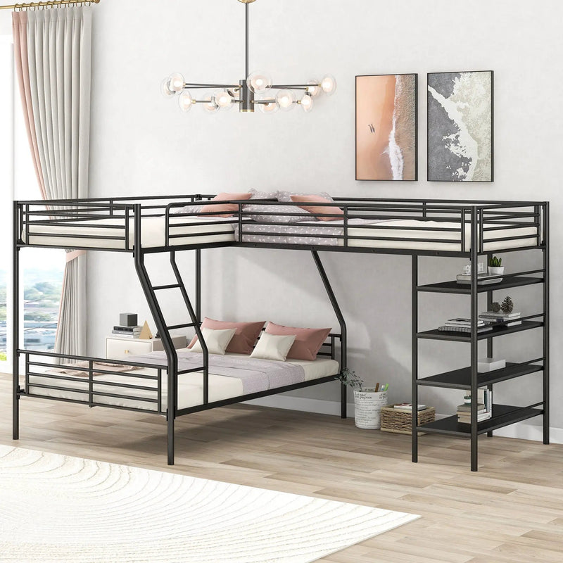 L-Shaped Twin Over Full Bunk Bed And Twin Loft Bed With 4 Built In Shelves - Black by HouseOfZazla