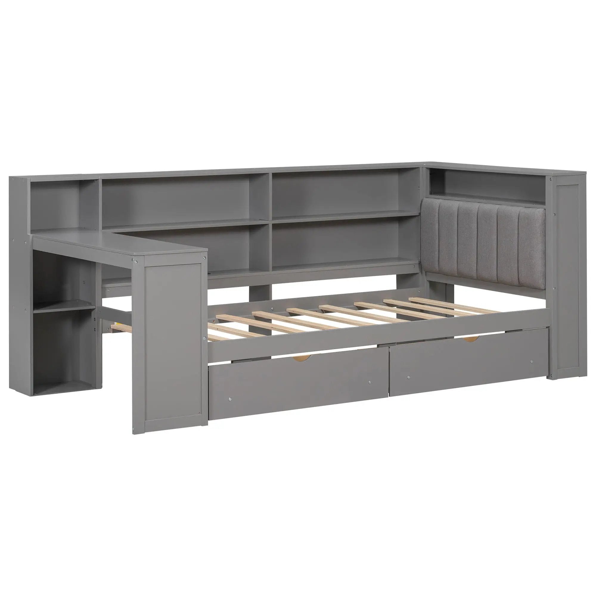 Platform Bed With Upholstered Headboard, Storage Shelves, Drawers, Charging Station, LED Lighting, Built In Desk by HouseOfZazla