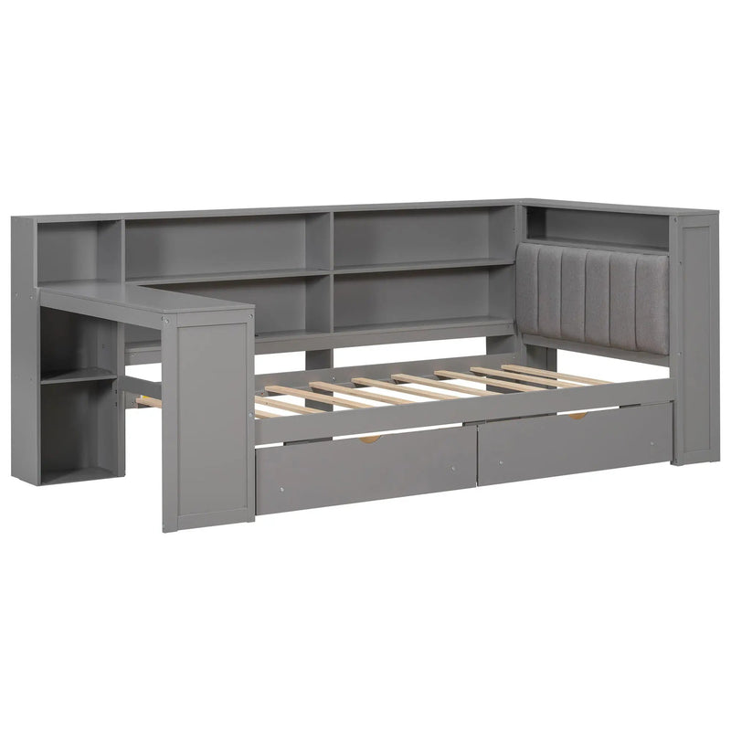 Platform Bed With Upholstered Headboard, Storage Shelves, Drawers, Charging Station, LED Lighting, Built In Desk by HouseOfZazla
