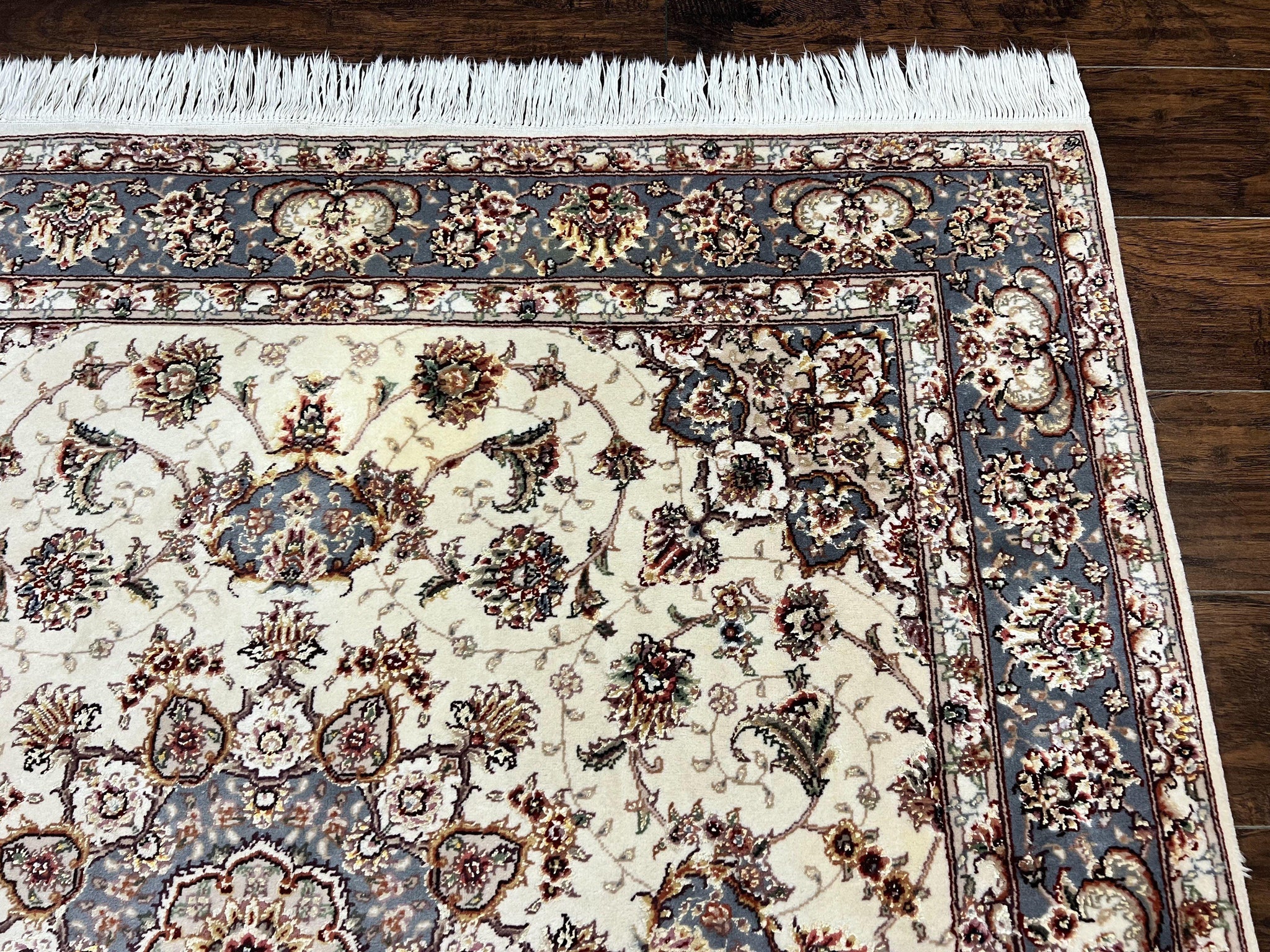 Sino Persian Square Rug 5x5, Very Fine Oriental Carpet, Wool & Silk Highlights, Ivory, Hand Knotted Handmade Vintage Traditional Rug by Jewel Rugs