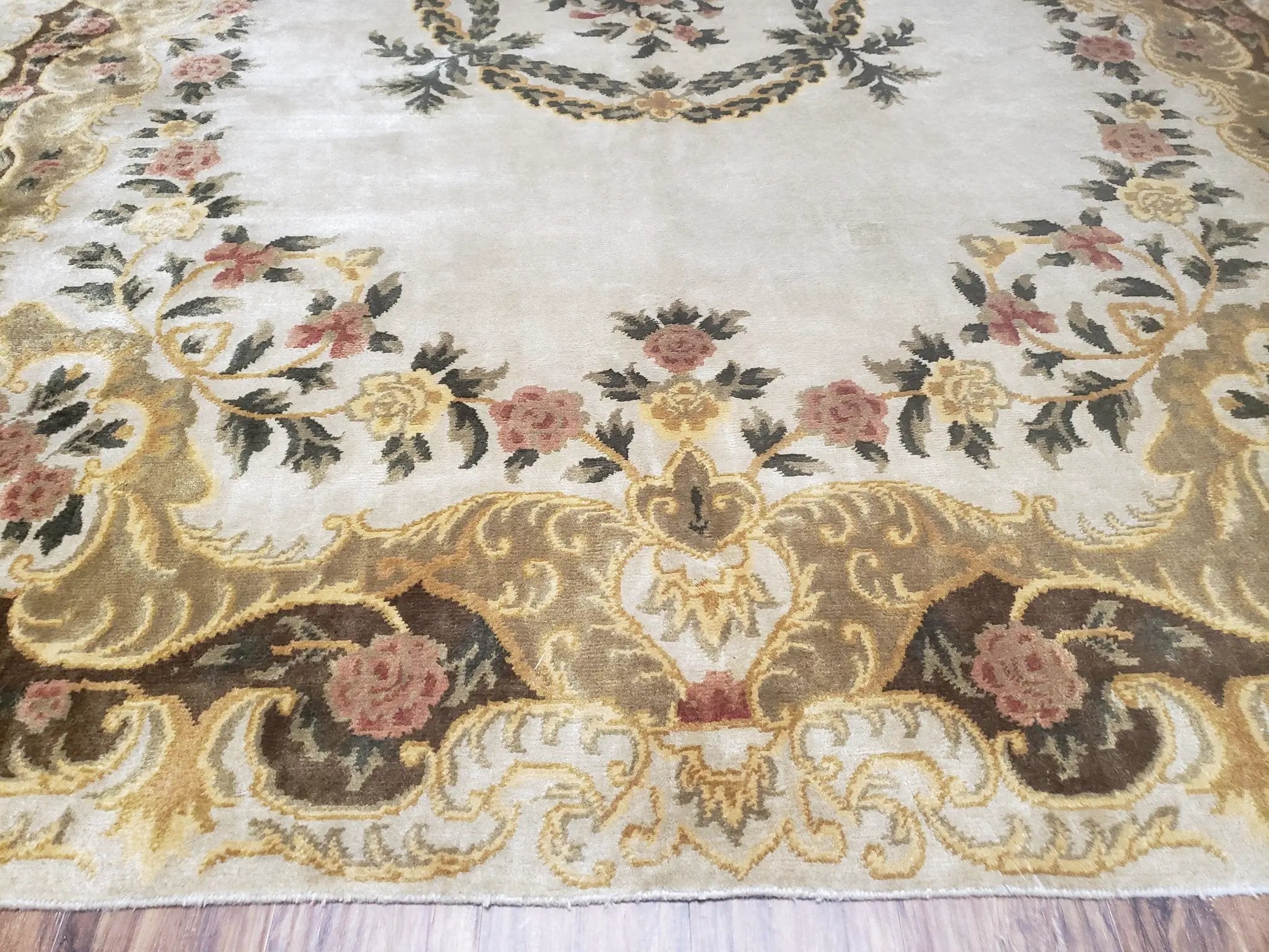 Aubusson Rug 10x14, Elegant French European Design, Vintage Handmade Carpet with Pile, Beige Floral Dining Room Rug, Living Room, Soft Wool by Jewel Rugs