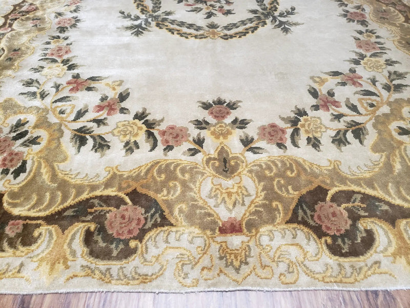 Aubusson Rug 10x14, Elegant French European Design, Vintage Handmade Carpet with Pile, Beige Floral Dining Room Rug, Living Room, Soft Wool by Jewel Rugs