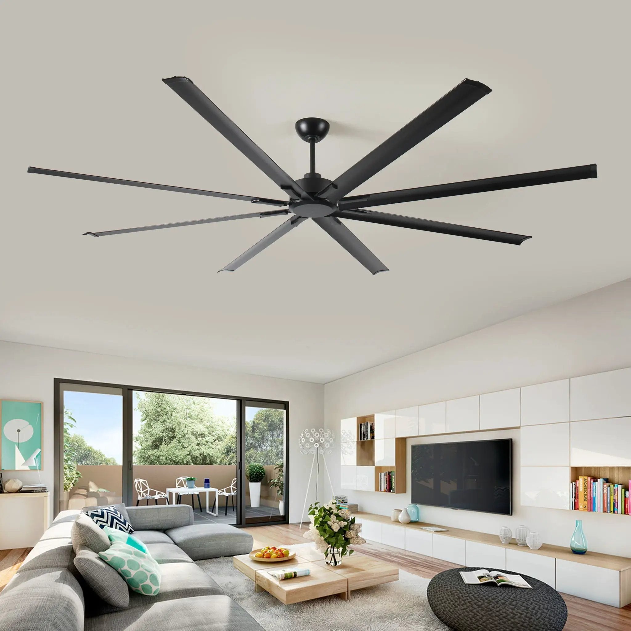 Industrial DC Motor Ceiling Fan, Large Ceiling Fan With 8 Reversible Blades, 5 Speed Remote Control, Home Or Commercial Ceiling Fans For Porch / Garage / Shop - Black by HouseOfZazla