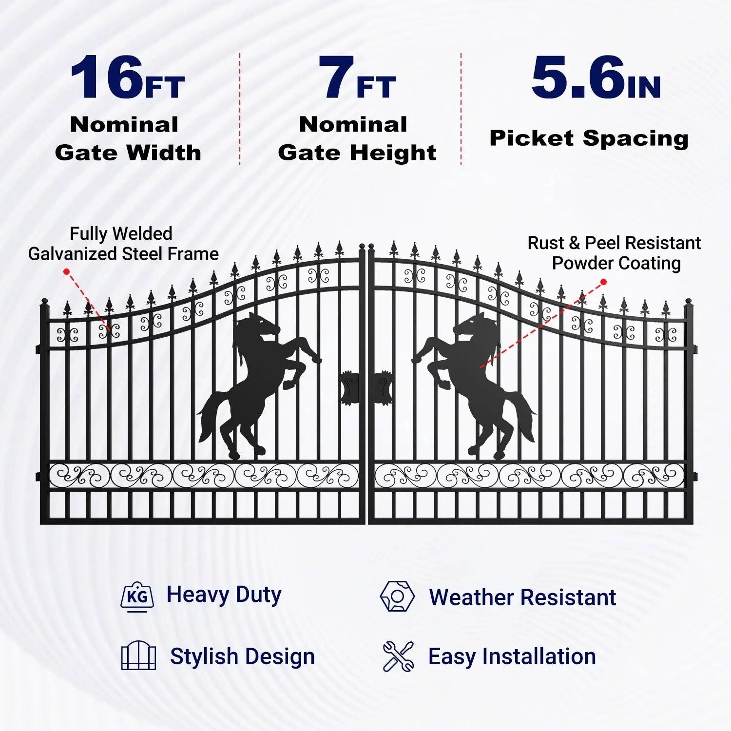 16x7 ft Steel Dual Swing Driveway Gate with Horse Pattern by Chery Industrial