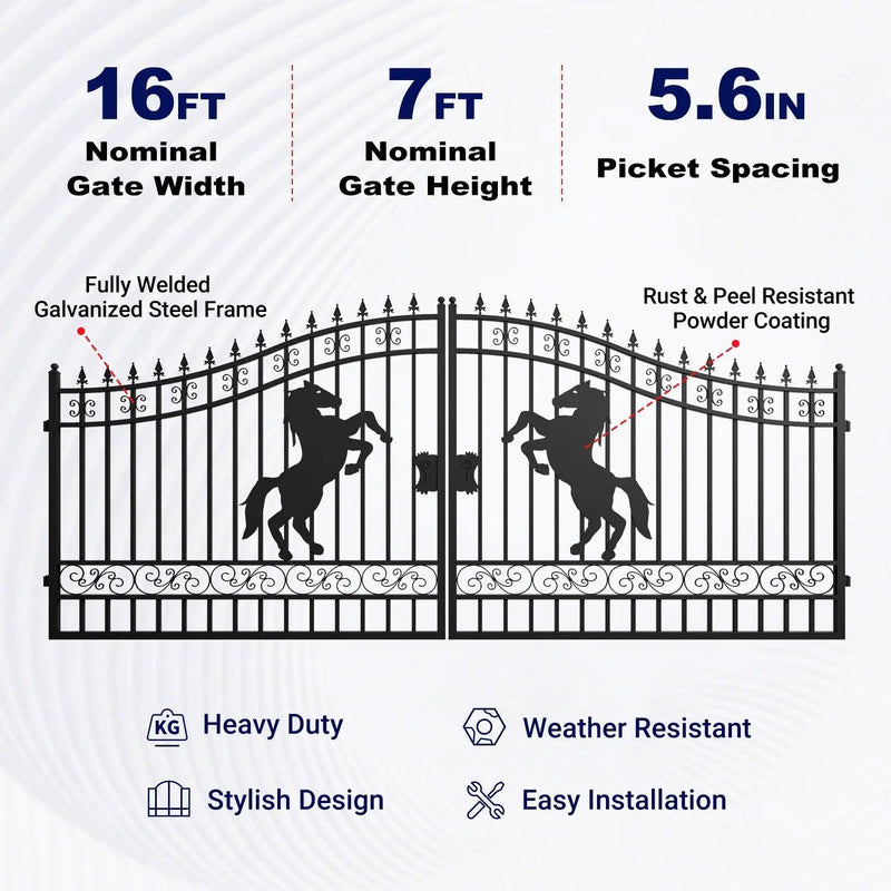 16x7 ft Steel Dual Swing Driveway Gate with Horse Pattern by Chery Industrial