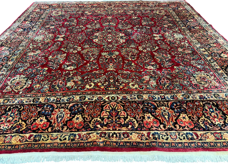 Persian Sarouk Rug 10x10, Square Persian Carpet, Red, Floral, Antique by Jewel Rugs