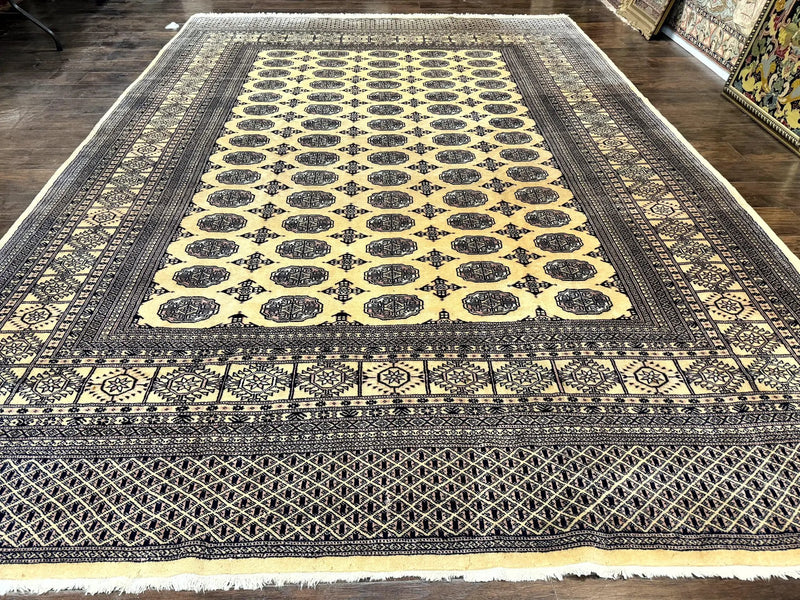 Pakistani Bokhara Turkoman Rug 9x11, Cream, Handmade Wool Vintage Carpet by Jewel Rugs