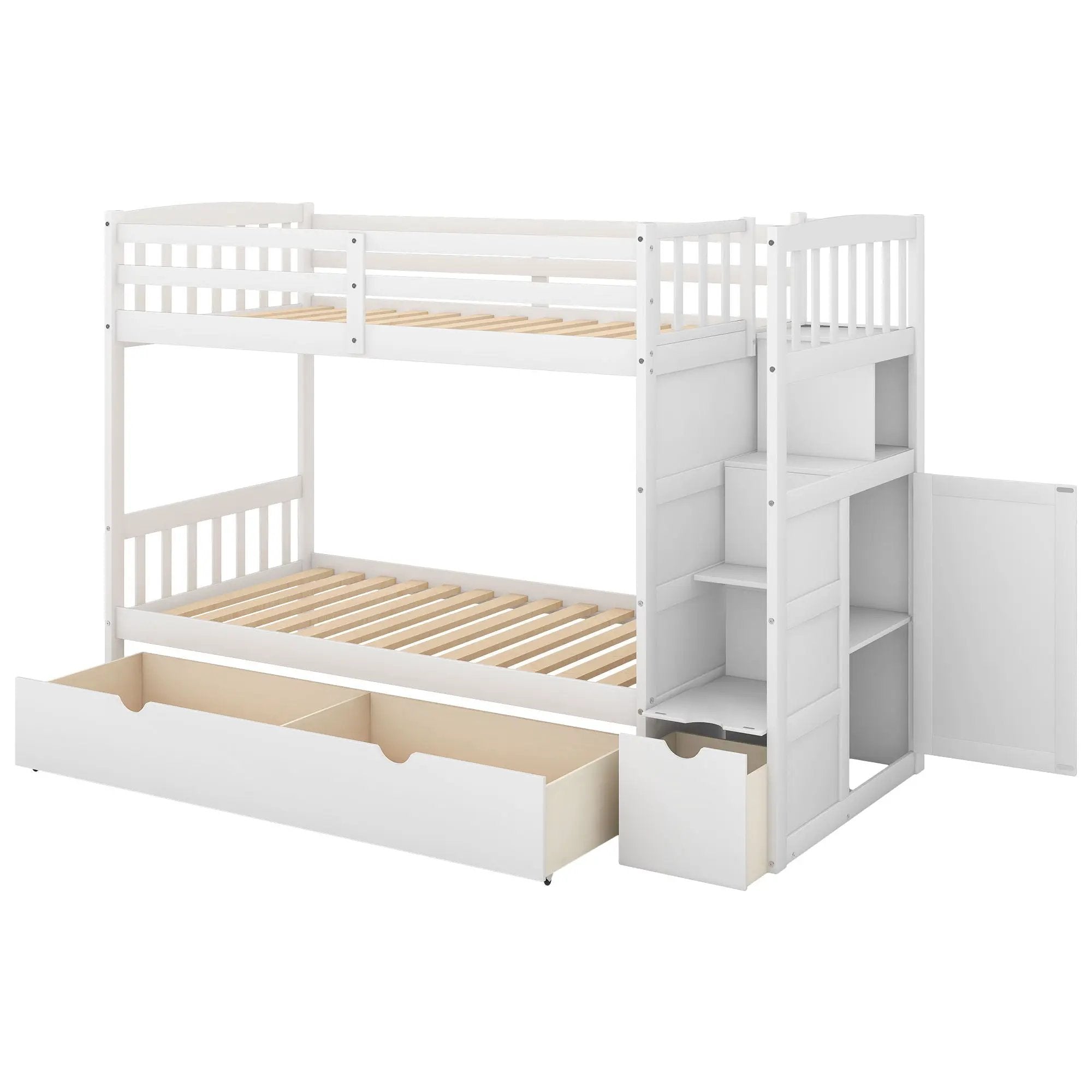 Bunk Bed, Convertible Bottom Bed, Storage Shelves And Drawers by HouseOfZazla