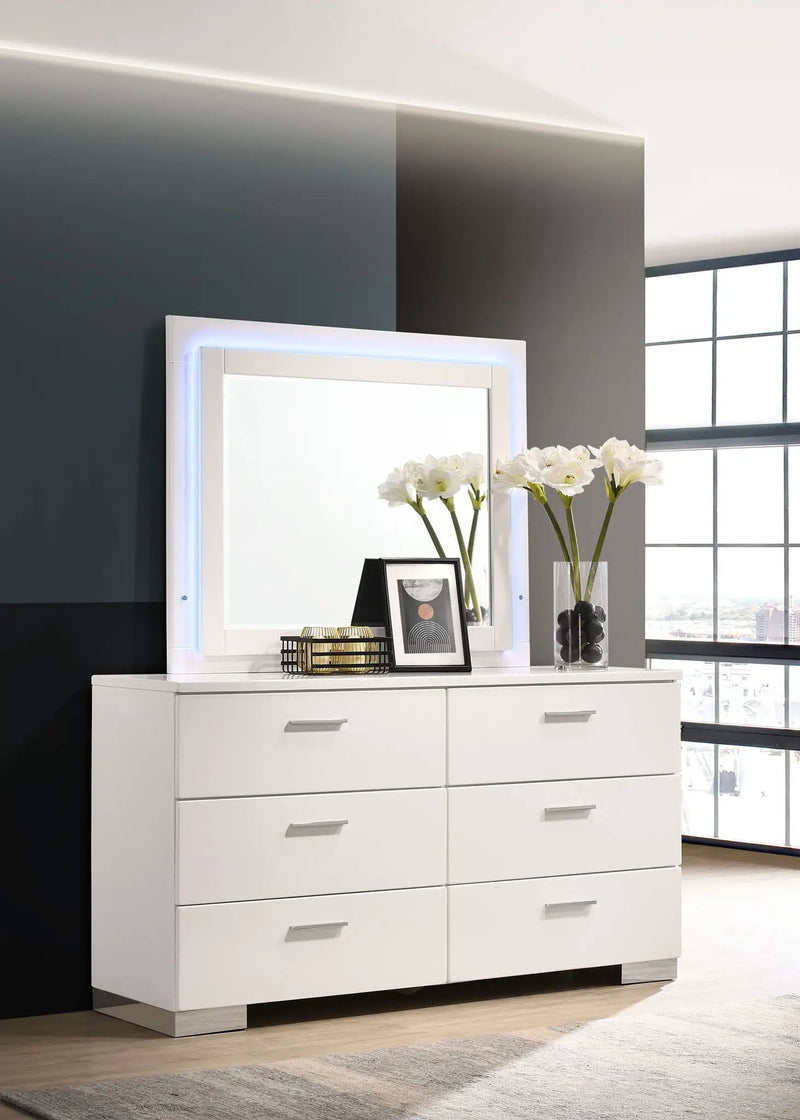 Felicity 6-drawer Dresser with LED Mirror White High Gloss by Unique Piece Furniture
