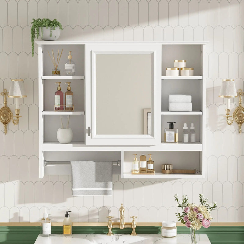 Wall Mount 2 In 1 Mirror Cabinet With Adjustable Shelves, Open Storage, For Bathroom Vanity - White by HouseOfZazla