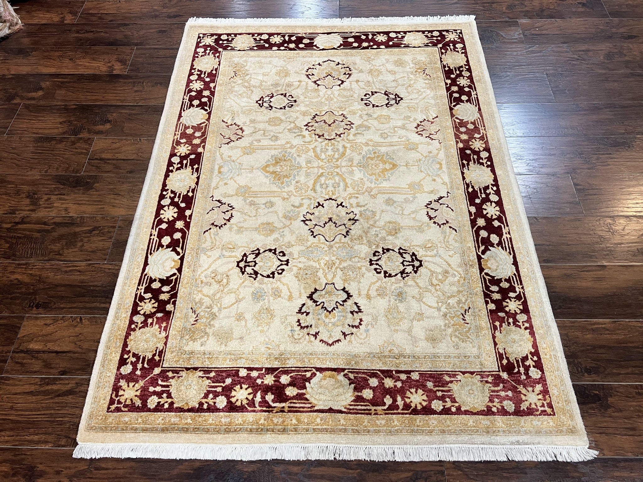 Peshawar Rug 5x7, Beige and Maroon, Vintage Handmade Wool Traditional Carpet 5 x 7 ft, Pakistani Rug, Agra Pattern, Very Fine 260 KPSI by Jewel Rugs