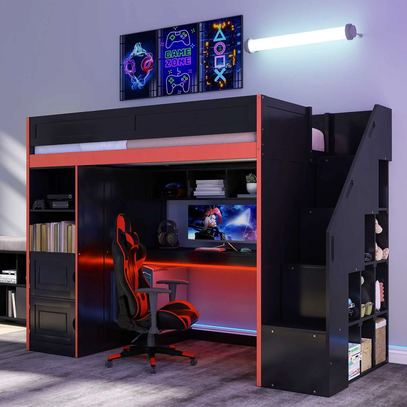 Gaming Loft Bed With Desk And Storage, LED Lights by Unique Piece Furniture