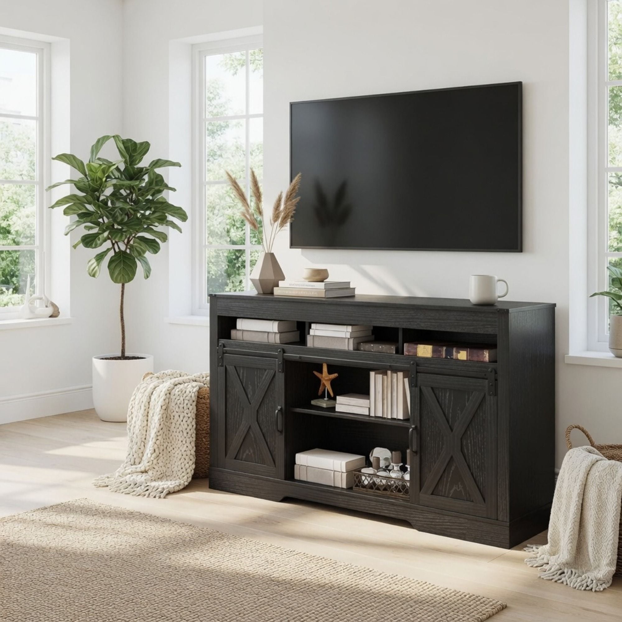 Farmhouse TV Stand With Sliding Barn Doors & Adjustable Storage by HouseOfZazla