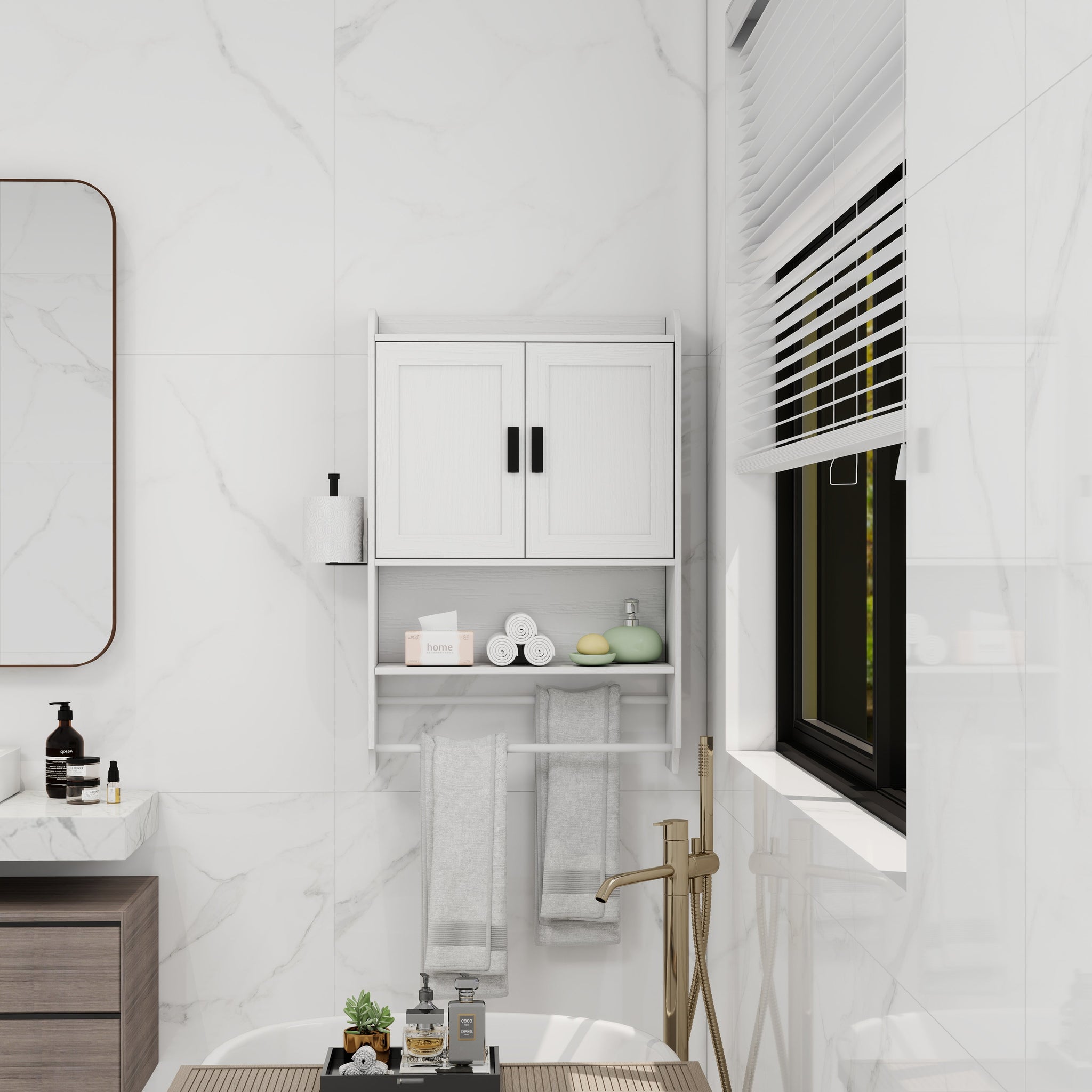Bathroom Wall Cabinet with Doors, Adjustable Shelf, Towel Bar, and Paper Holder by HouseOfZazla