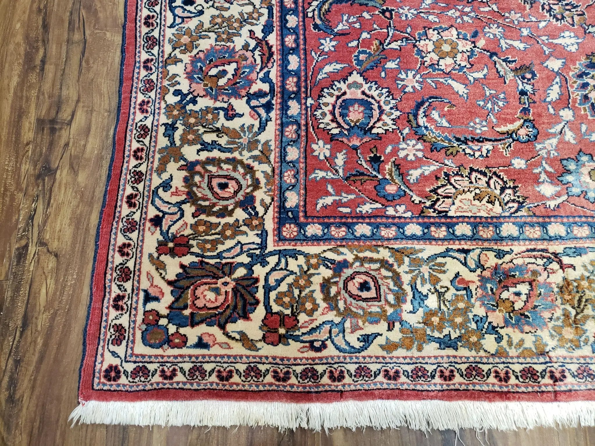 Semi Antique Persian Kashan Rug, Red & Beige, Hand-Knotted, Wool, 4'7" x 6' 6", Pair B by Jewel Rugs