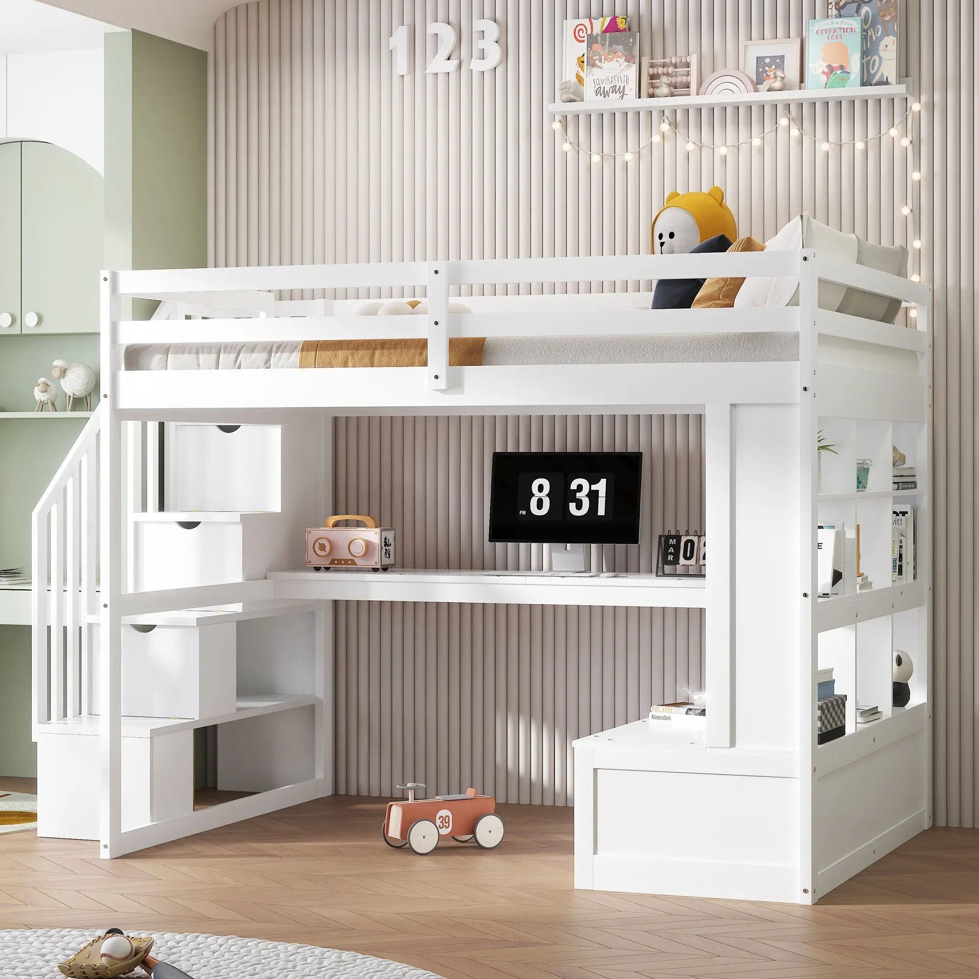 Full Size Loft Bed With Desk And Shelves, 2 Built In Drawers, Storage Staircase - White by HouseOfZazla