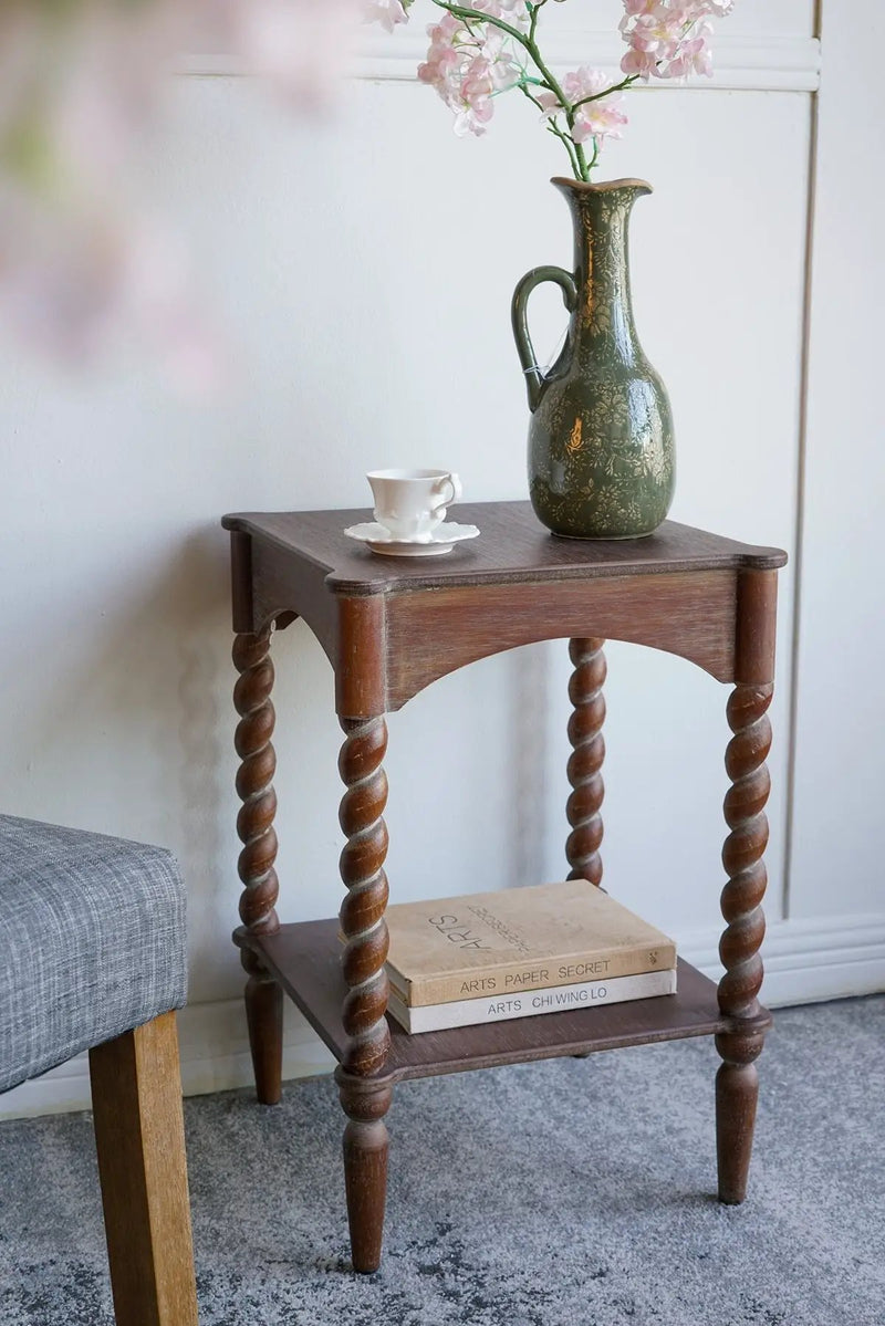 15.5x15.5x23.5' Distressed Brown Wood Side Table with Turned Spiral Legs and Lower Shelf by HouseOfZazla