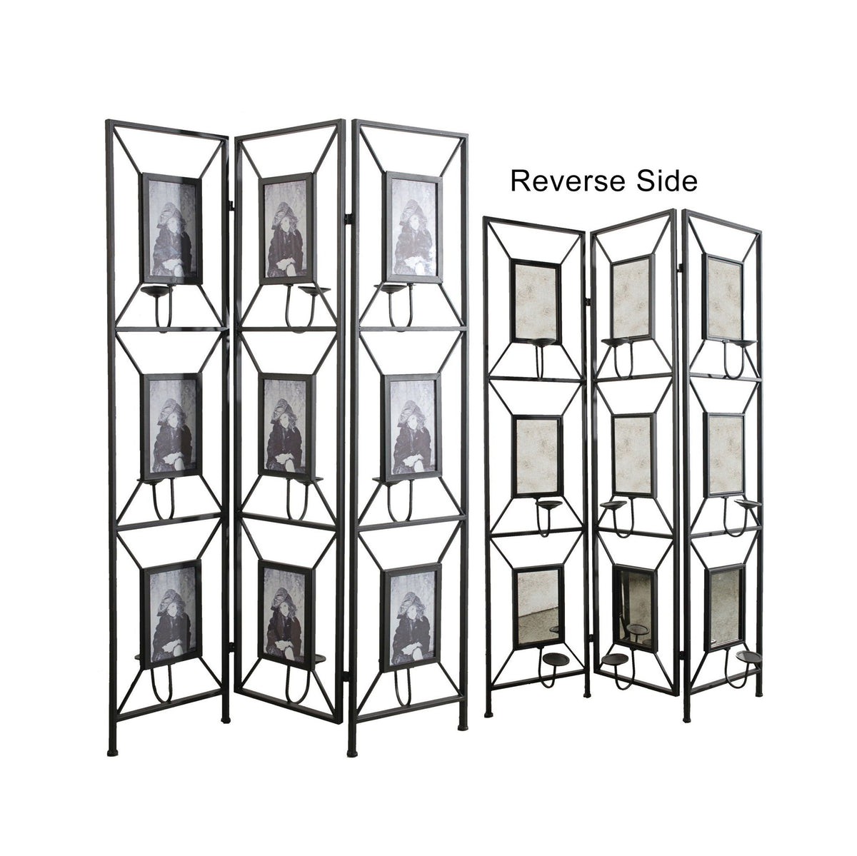 Black Room Divider with Photo Frames, Antique Mirror & Candlesticks - 71" Tall, photo 6 of 6