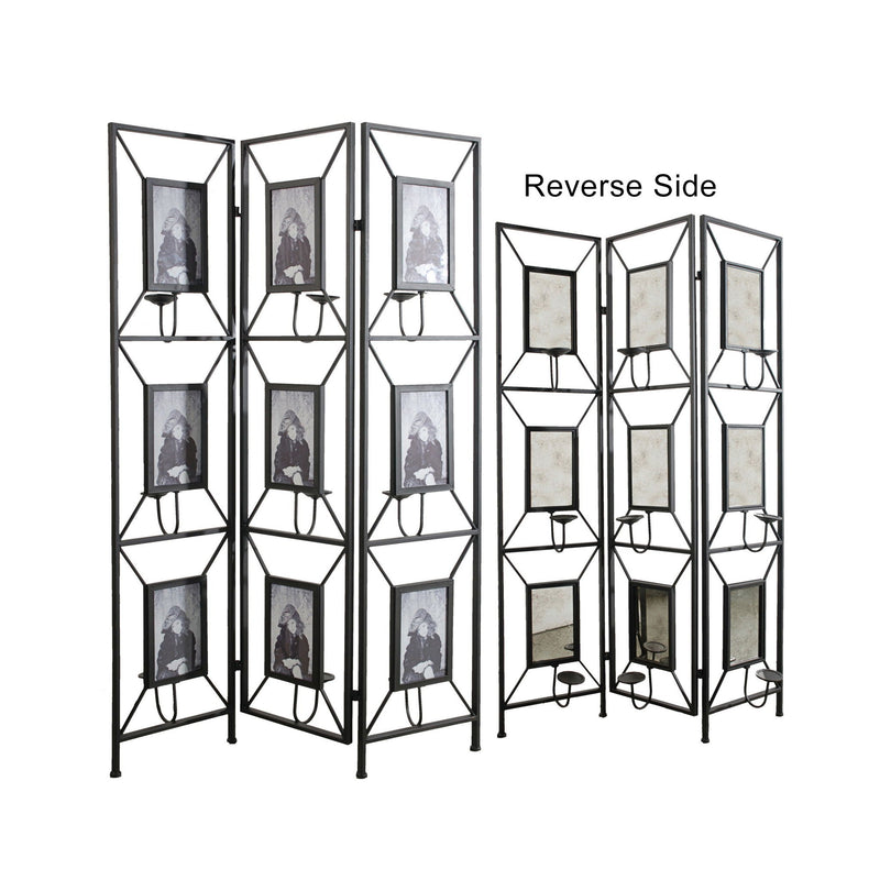 Black Room Divider with Photo Frames, Antique Mirror & Candlesticks - 71" Tall, photo 6 of 6