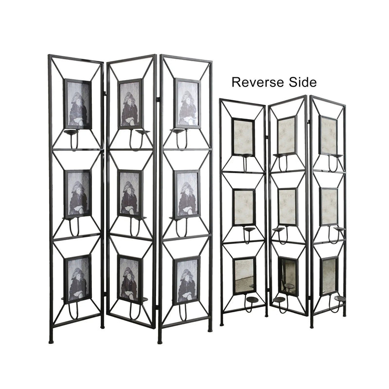 Room Photo Frames Screen Divider Screens, 3 Panel Decorative Screen With Photo Frames, Antique Mirror, Candle Stick - Black by Unique Piece Furniture