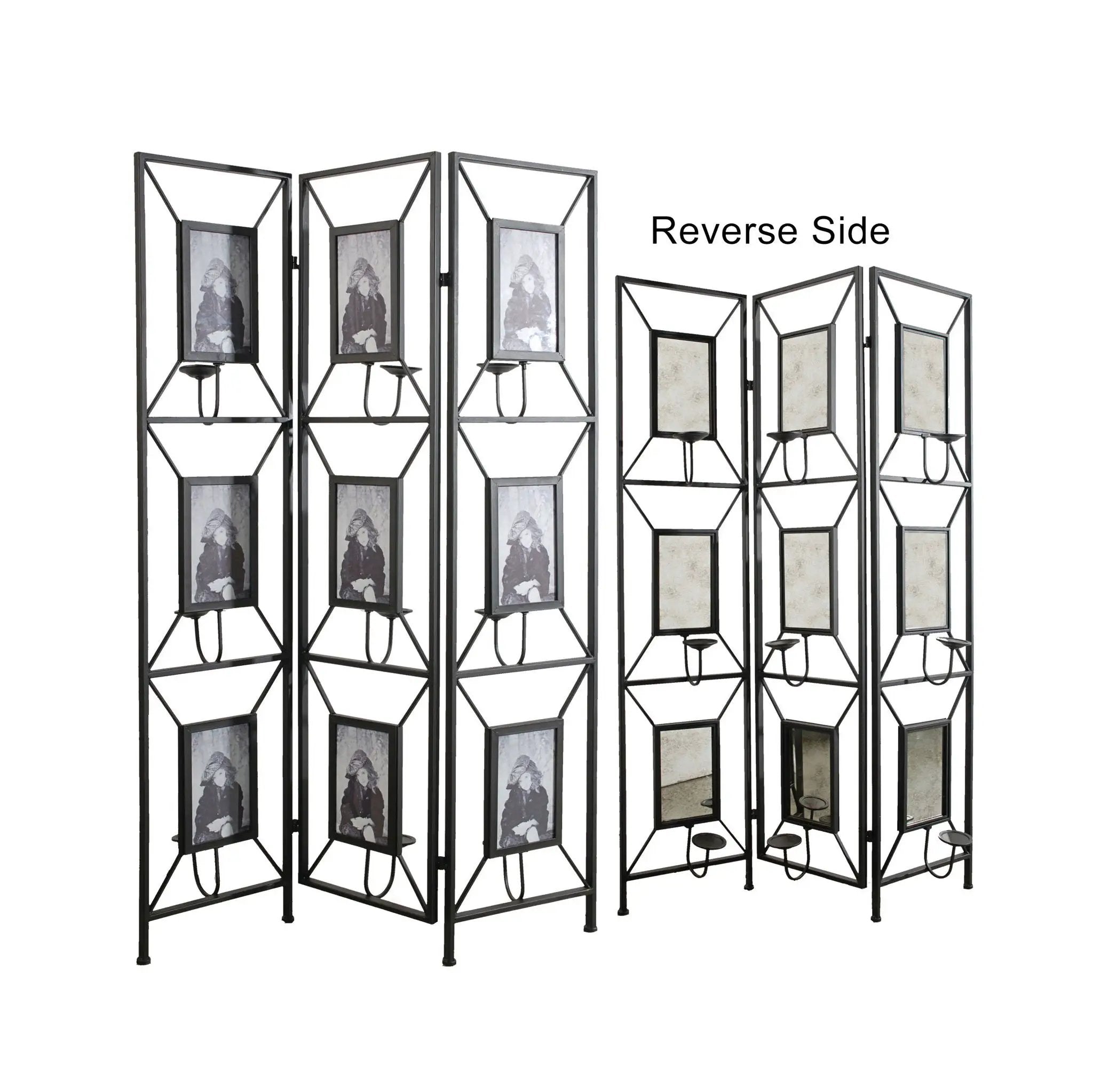 Room Photo Frames Screen Divider Screens, 3 Panel Decorative Screen With Photo Frames, Antique Mirror, Candle Stick - Black by HouseOfZazla