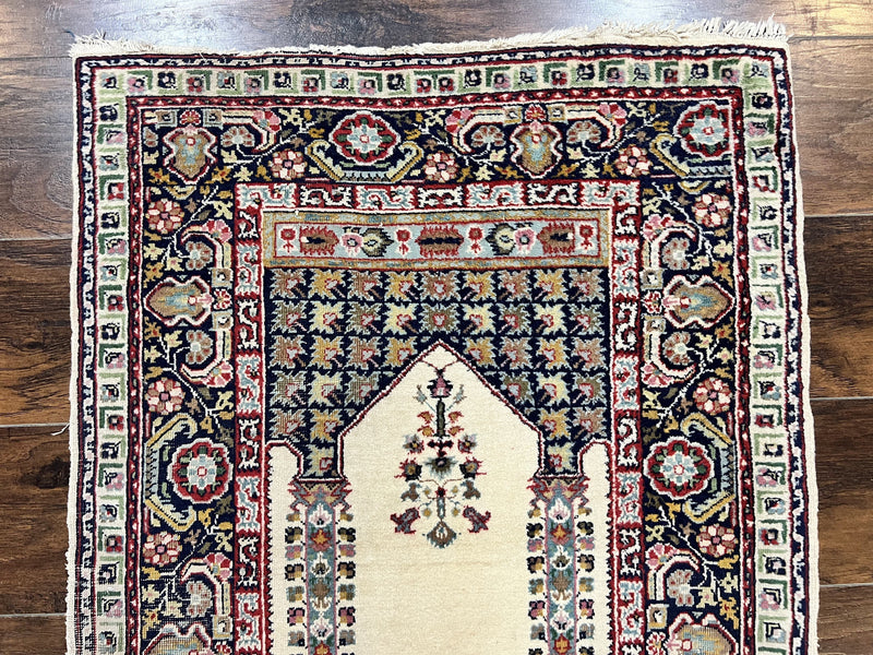 Turkish Prayer Rug 2.5 x 4, Vintage Wool Hand Knotted Carpet, Ivory by Jewel Rugs