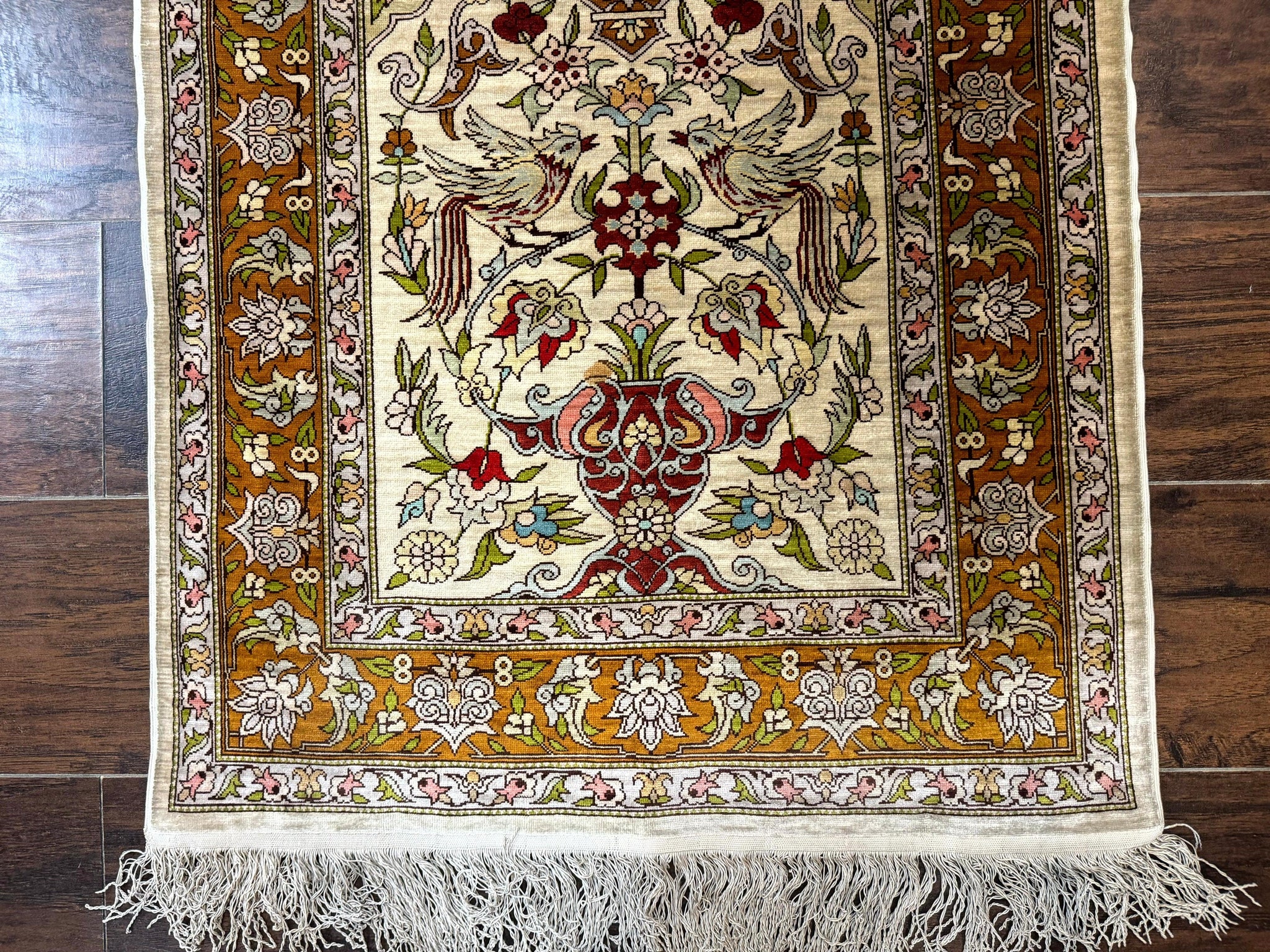 Silk Turkish Hereke Rug 2x3, Birds Lantern Very Fine 400 KPSI, Signed by Masterweaver, Wonderful, Rare, Small Hereke Rug by Jewel Rugs