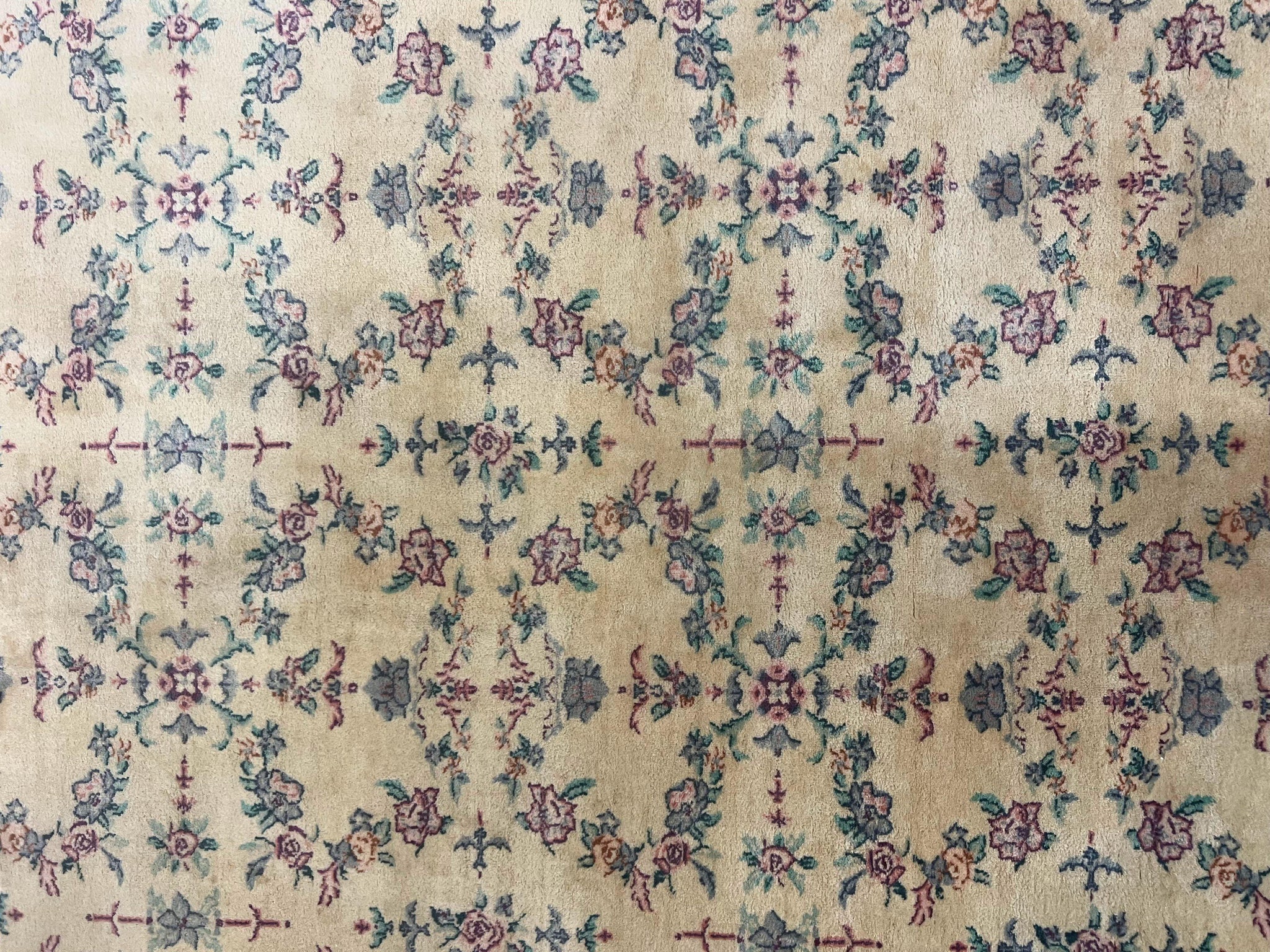 Sino Persian Rug 8x10, Floral, Oatmeal and Light Teal, Handmade Wool Vintage Carpet by Jewel Rugs