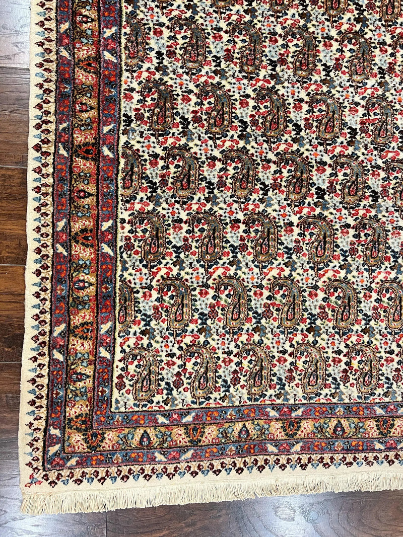 Persian Rug 4x6, Mashad Kashmar Rug, Boteh Paisley Design, Allover Repeated Pattern, Ivory Hand Knotted Vintage Semi Antique Persian Oriental Carpet by Jewel Rugs