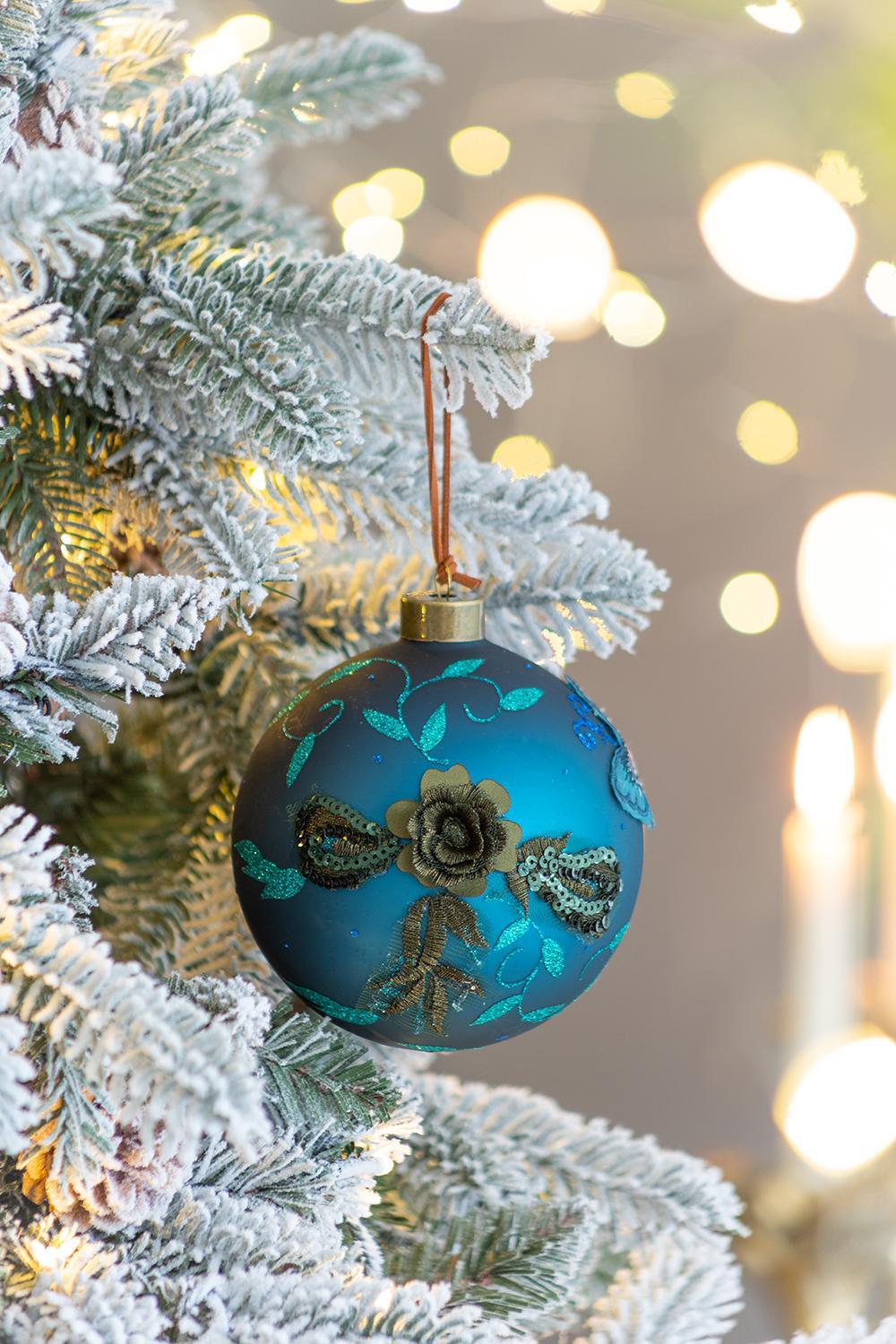Light Blue Glass Christmas Ball Ornaments with Glitter Details - Set of 4 or 6, photo 7 of 14