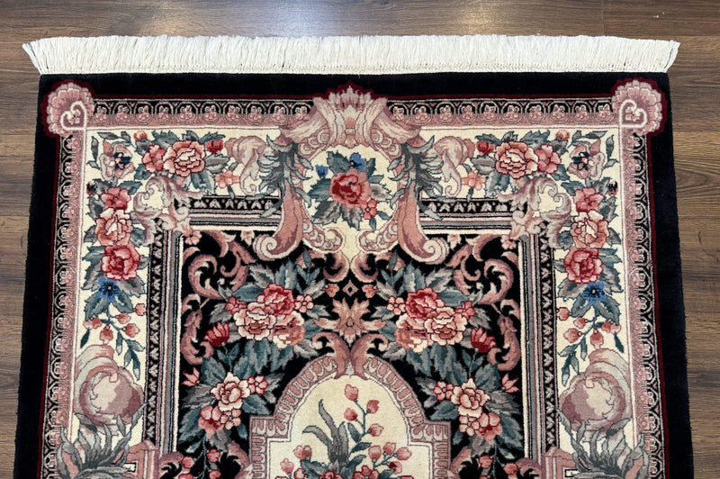Aubusson Rug 4x6, Elegant European Floral Design, Black and Ivory, Fine 200 KPSI by Jewel Rugs