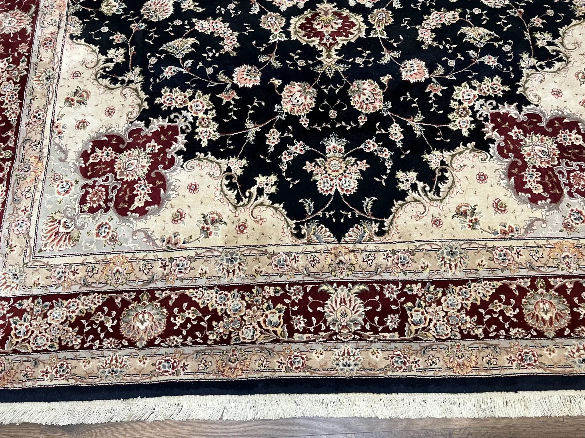 Pak Persian Rug 8.8 x 10.6, Floral Medallion, Wool and Silk Hand Knotted Fine Oriental Carpet, Elegant Rug, Black Gray Burgundy, Room Sized by Jewel Rugs
