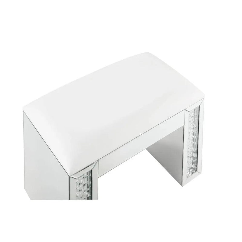 Nysa - Vanity Stool - Ivory Synthetic Leather , Mirrored & Faux Crystals by Unique Piece Furniture
