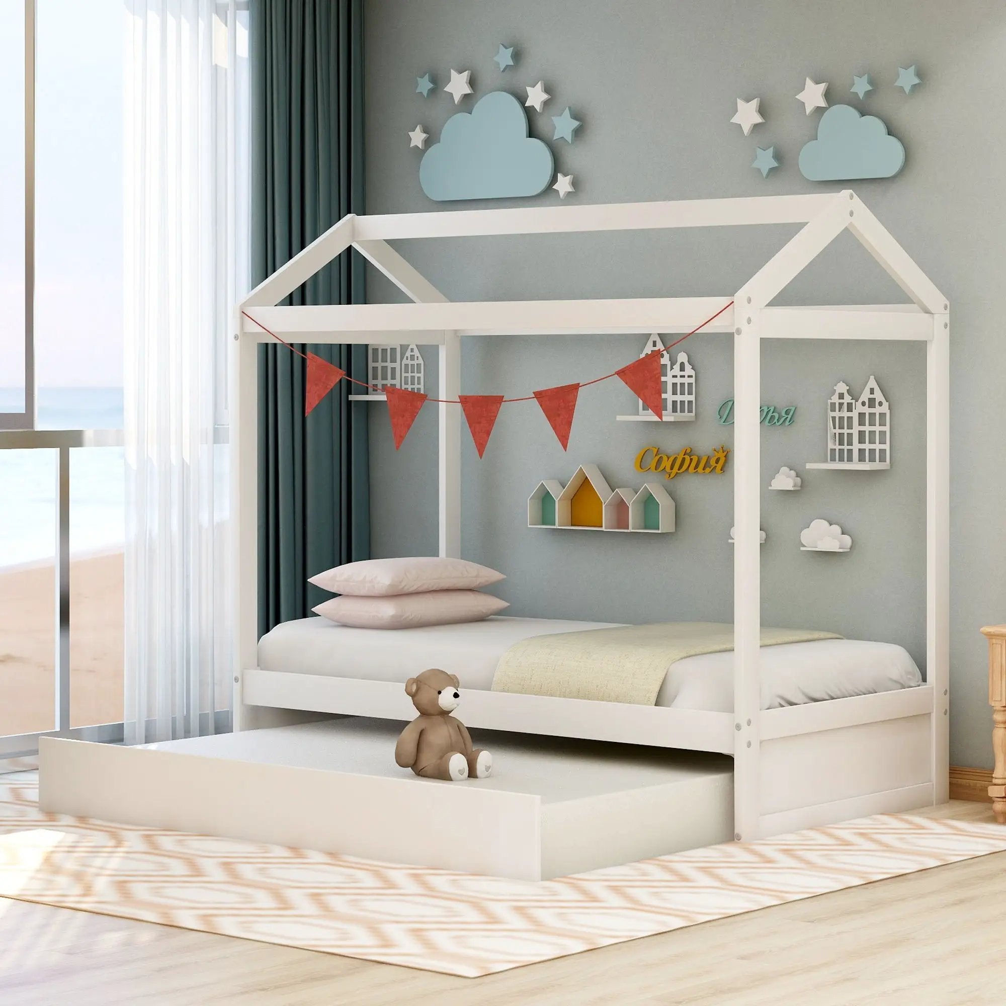 House Bed With Trundle In, Twin Size - White by Unique Piece Furniture