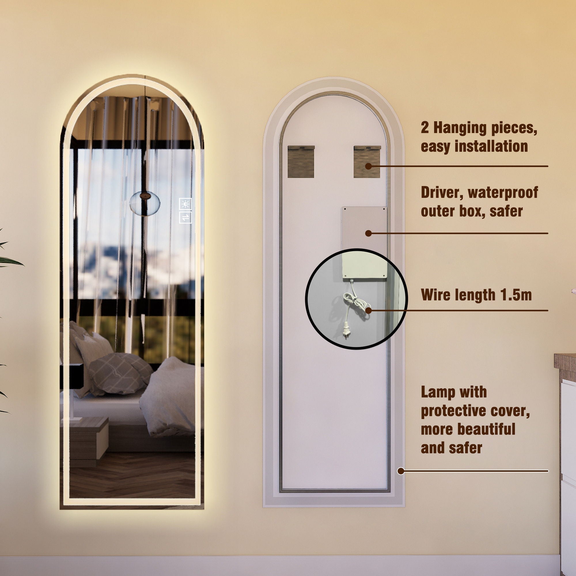 Arch Design LED Full Length Mirror, Dimmable, High Definition, Explosion Proof, 65" X 21" - Silver by HouseOfZazla