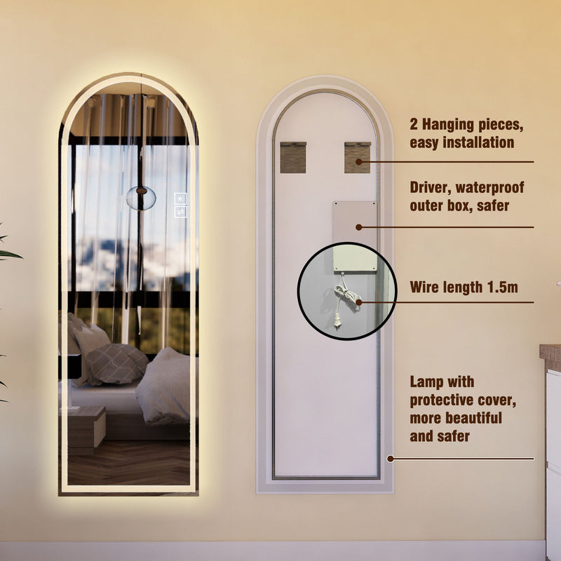 Arch Design LED Full Length Mirror, Dimmable, High Definition, Explosion Proof, 65" X 21" - Silver by HouseOfZazla