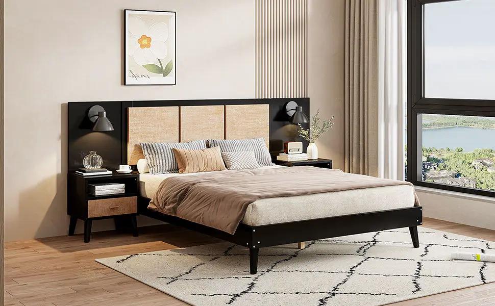 Bed Frame With 2 Nightstands Elegant Design With Lamps by HouseOfZazla