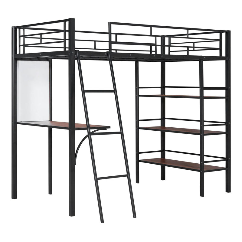 Loft Metal Bed With 3 Layers Of Shelves And Desk, Stylish Metal Frame Bed With board by HouseOfZazla