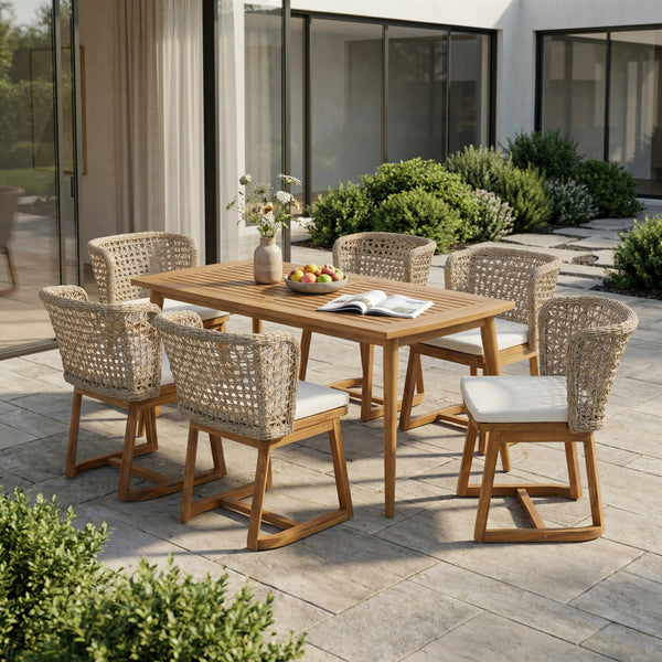 7-Piece Outdoor Patio Dining Set with Acacia Wood Table and 6 Wicker Chairs