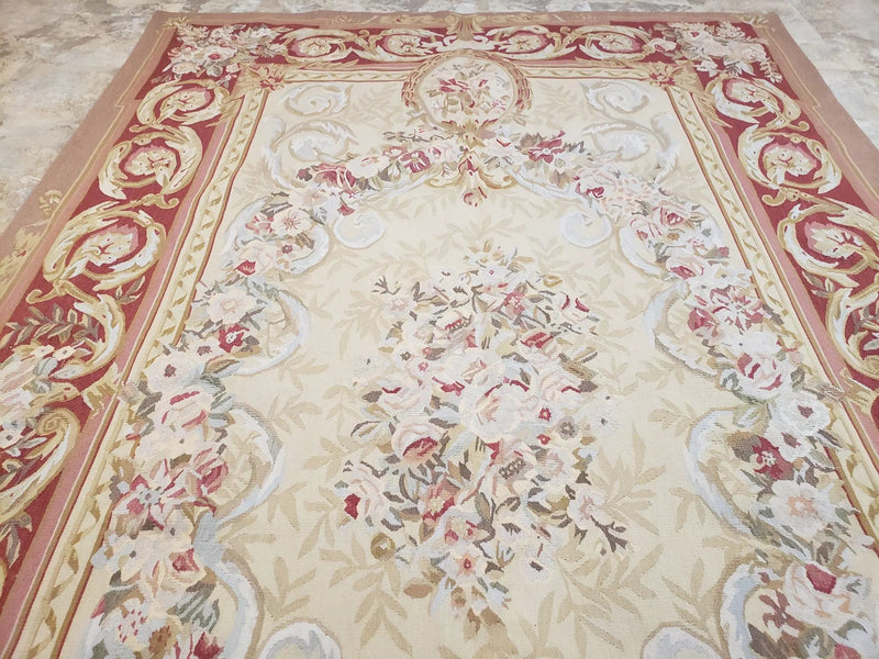 Aubusson Rug 6x9, Elegant Flatweave Rug, Aubusson Savonnerie 6 x 9 Flatweave Area Rug, Cream and Red, Wool Hand Woven Carpet, Medium Size by Jewel Rugs