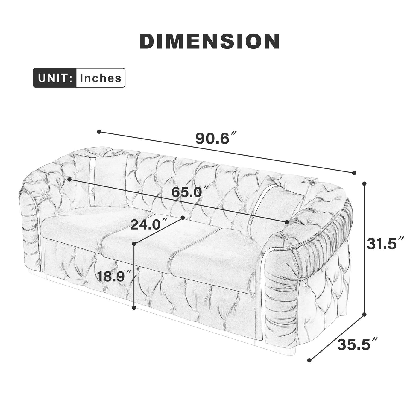 Button Tufted Couch With 2 Pillows, 3 Seater Luxury Chesterfield Sofa by Unique Piece Furniture