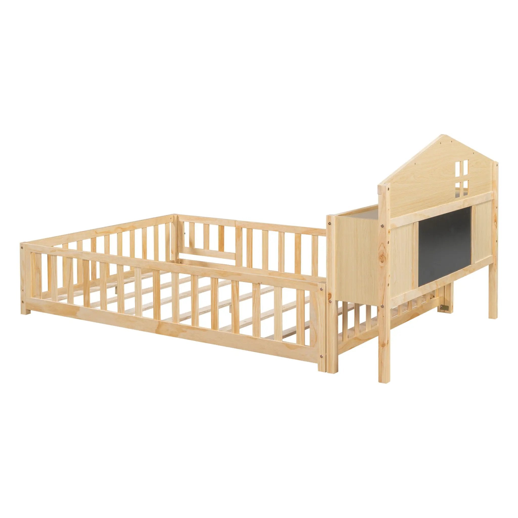 Full Size Montessori Floor Bed With Bookcases And boards, Solid Wood Platform Bed With Guard Rails And Storage Headboards - Natural by HouseOfZazla