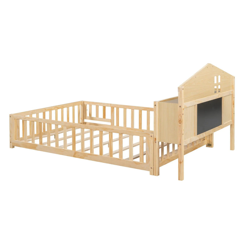 Full Size Montessori Floor Bed With Bookcases And boards, Solid Wood Platform Bed With Guard Rails And Storage Headboards - Natural by HouseOfZazla