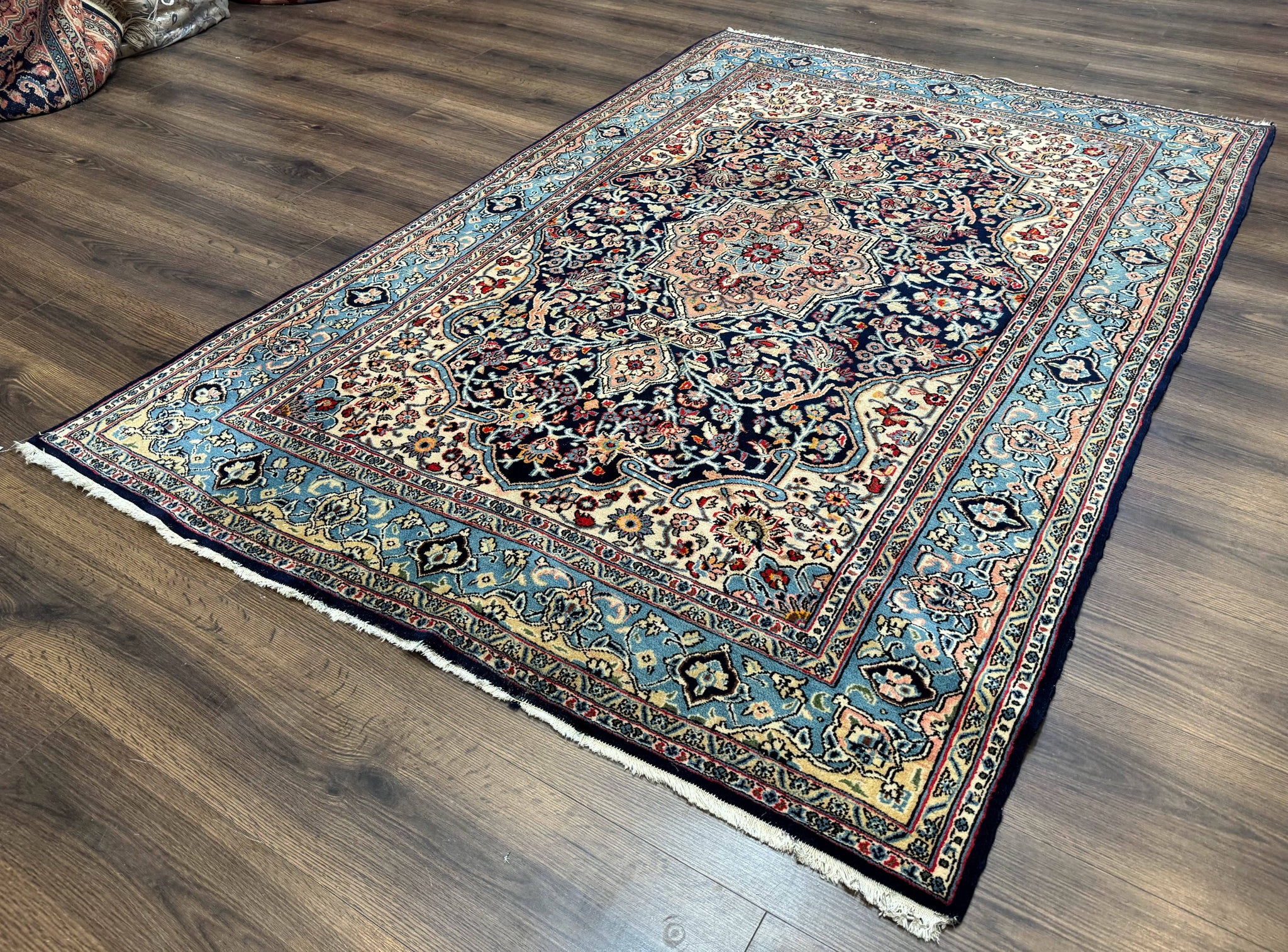 Persian Qum Rug 5x7 in Navy Light Blue and Ivory, Wool wilh Silk Highlights, 225 KPSI by Jewel Rugs