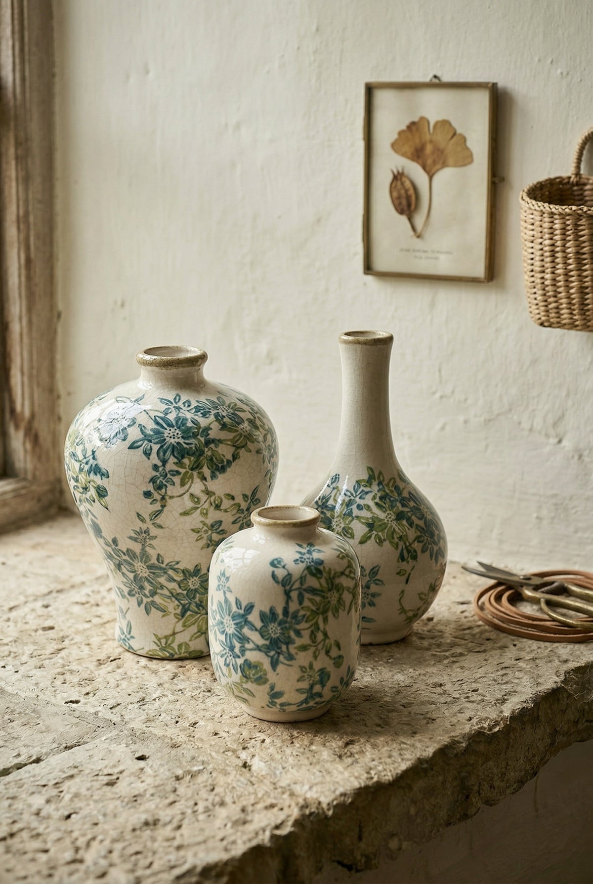 Set of 3 Floral Ceramic Vases with Crackled Ivory Finish - Green Floral Design