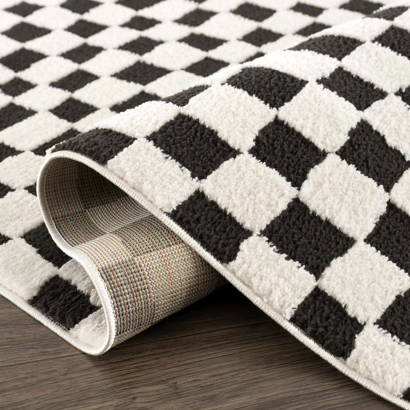 Lajos Black & White Checkered Plush Rug by Boutique Rugs