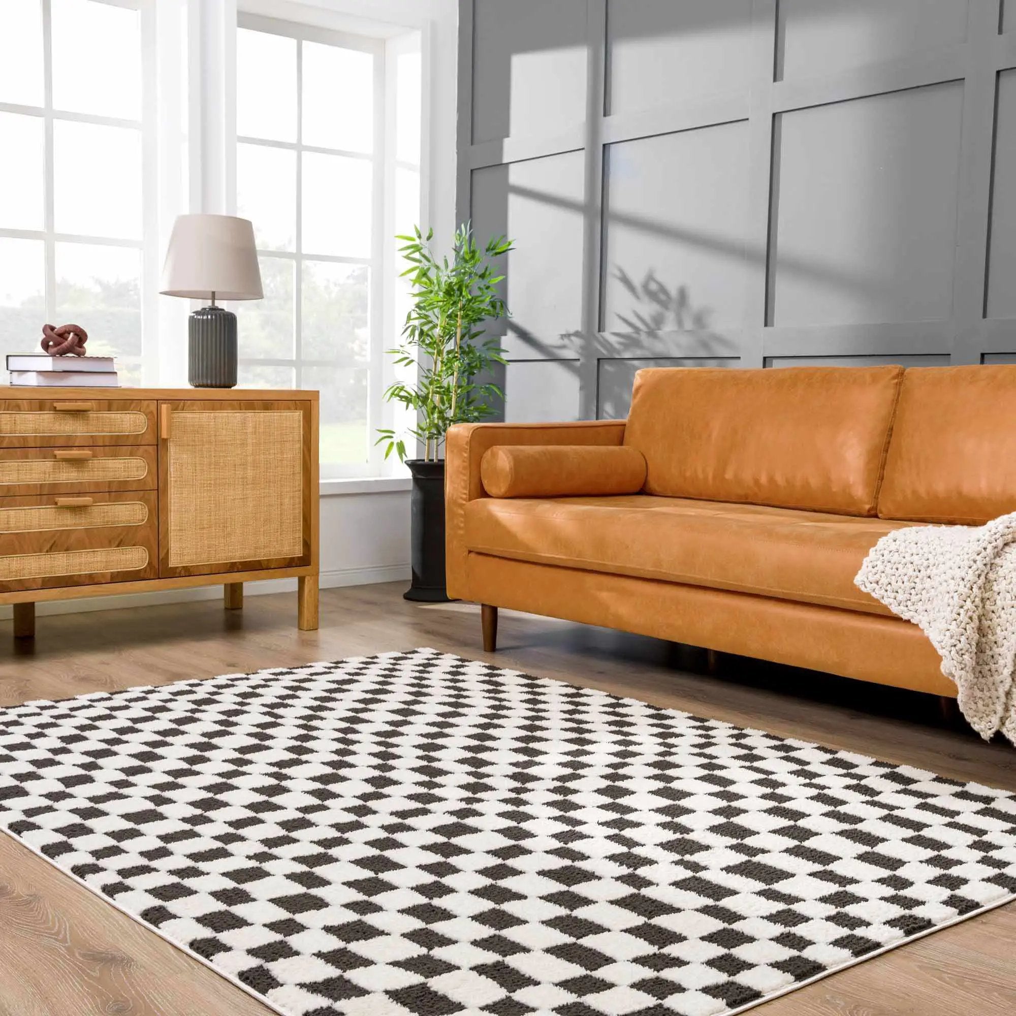 Lajos Black & White Checkered Plush Rug by Boutique Rugs