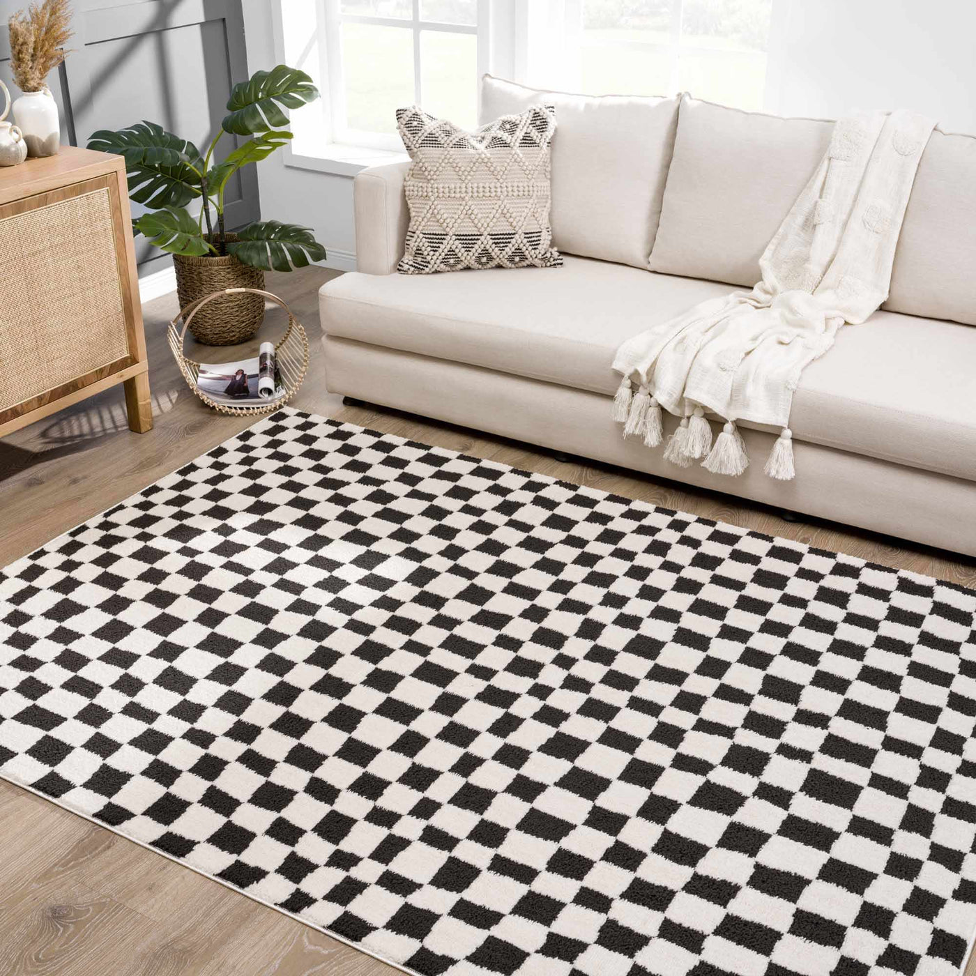 Lajos Black & White Checkered Plush Rug by Boutique Rugs